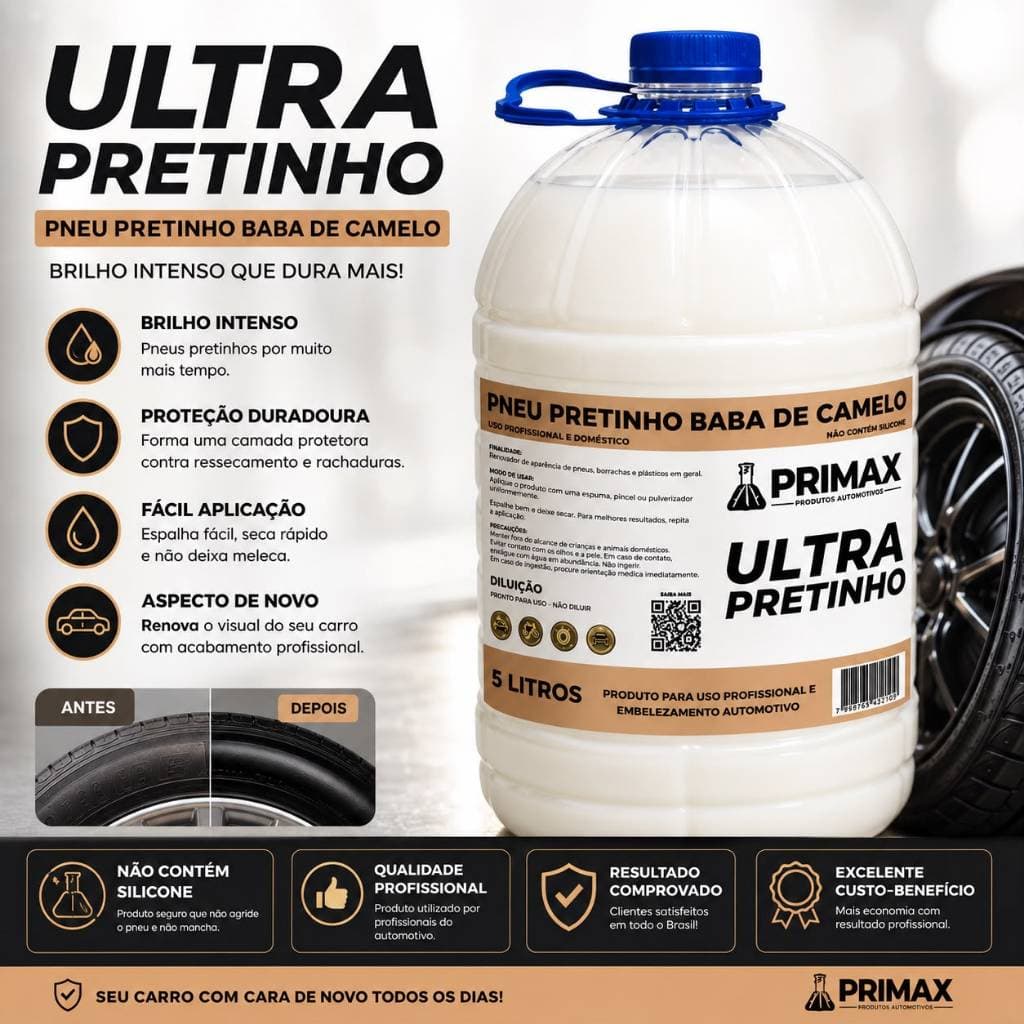 Pretinho Baba de Camelo 5L Brilho para Pneus Carros Motos SUVs Lava Rápido Estética Automotiva Uso Profissional