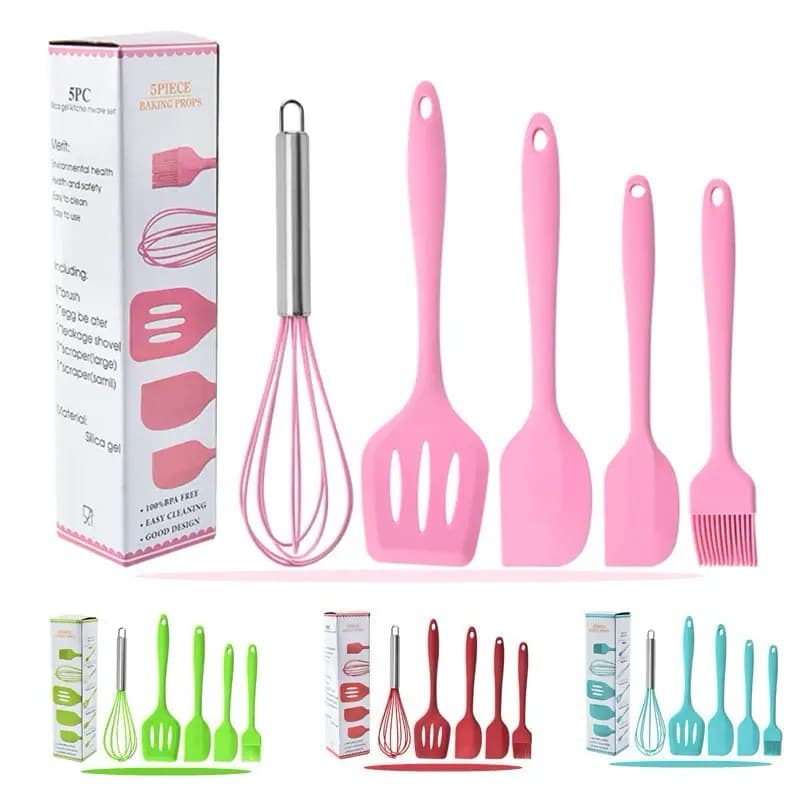 KIT com 5 UTENSÍLIOS DE COZINHA EM SILICONE Fue Fouet Espatula Colher Doceria Confeitaria Bolo