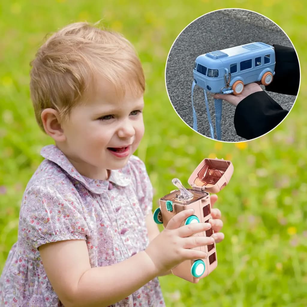 Copo Garrafa Infantil Formato Ônibus com Canudo Alça e Trava | Squeeze Infantil Menino Menina