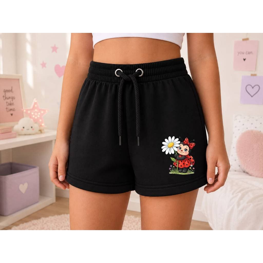 Short de Moletom Feminino Rosa Casual com Estampa de Joaninha Confortável e Estiloso