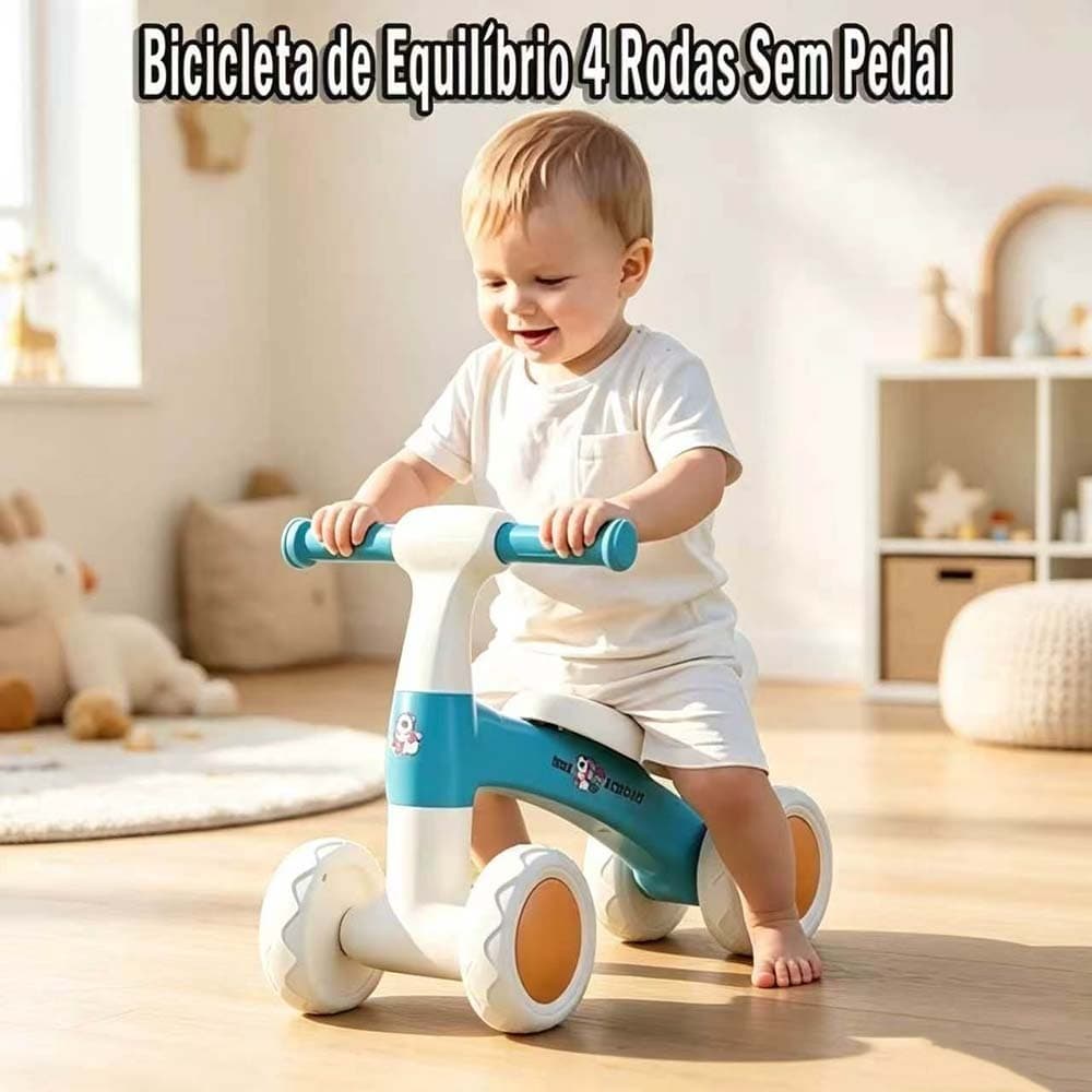 Bicicleta de Equilíbrio 4 Rodas Sem Pedal, Andador Infantil Resistente para Bebês e Crianças – Estável e segura！