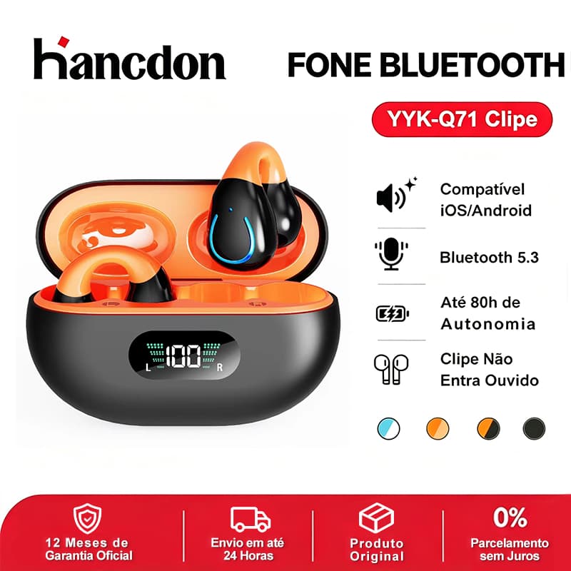 Hancdon Fone Bluetooth Tipo Clipe YYK‑Q71 Orelha Aberta Sem Fio Esporte Bateria Longa Duração