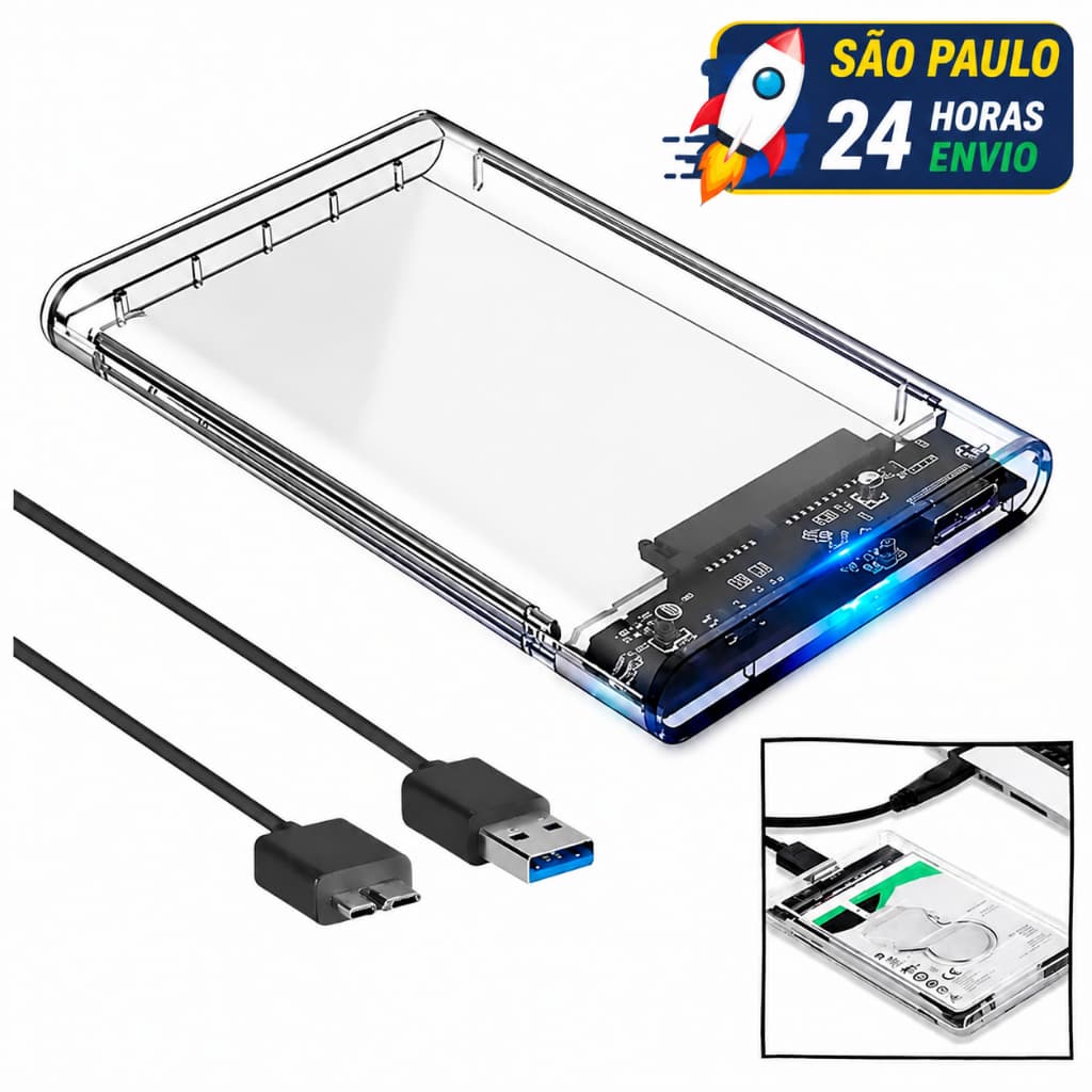 Case HD Externo Transparente USB 3.0 SATA 2.5" Para HD SSD Notebook Computador Fácil Instalação