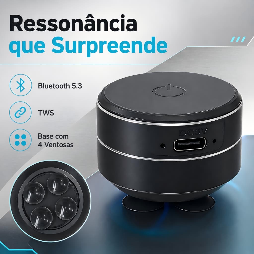 Mini Caixa de Som Ressonância Bluetooth 5.3 TWS 3W Compacta com 4 Ventosas Base de Sucção e Carregamento Type-C