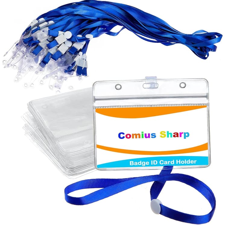 Porta Cracha Plastico 50 Unidades Com Cordao Azul - Porta Cracha Vertical Transparente Para Identificacao Cracha Funcion