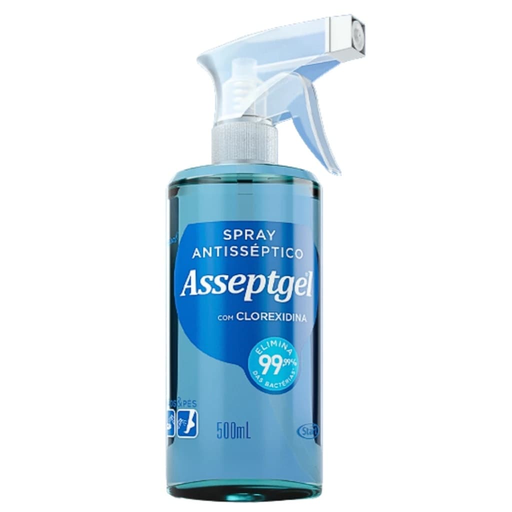 Asseptgel Spray Antisséptico com Clorexidina 500 ml Elimina 99% das Bactérias Proteção para os Pés e as Mãos