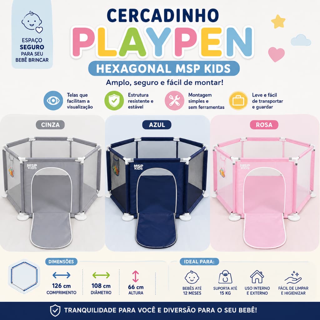 Cercadinho PlayPen Hexagonal Infantil Desmontável Portátil Chiqueirinho Bebê Msp Kids