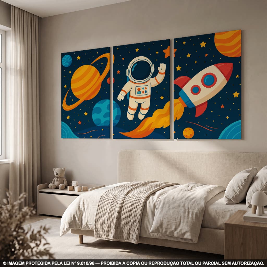 Quadro Decorativo  Astronauta Foguete Planetas Espaço Infantil Moderno Sala Quarto | Quadros em MDF