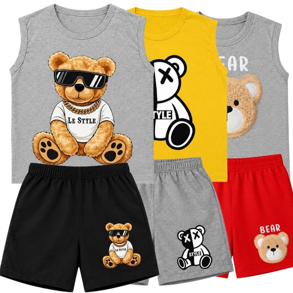 Kit 3 Conjunto Infantil Menino Masculino Regata + Bermuda Tactel Verão Sortidos Urso Básico Confortável