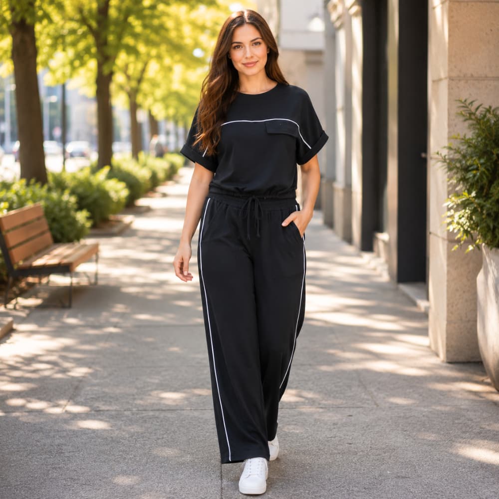 Conjunto Feminino Moletinho Calça e Blusa Manga Curta Casual Confortável Moda Feminina