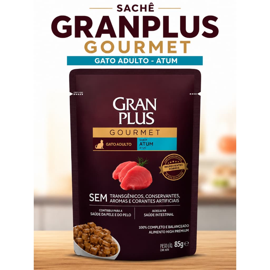Sachê GranPlus Gourmet Atum 85g Gato Adulto Ração Úmida Super Premium Alta Palatabilidade com Taurina e Hidratação