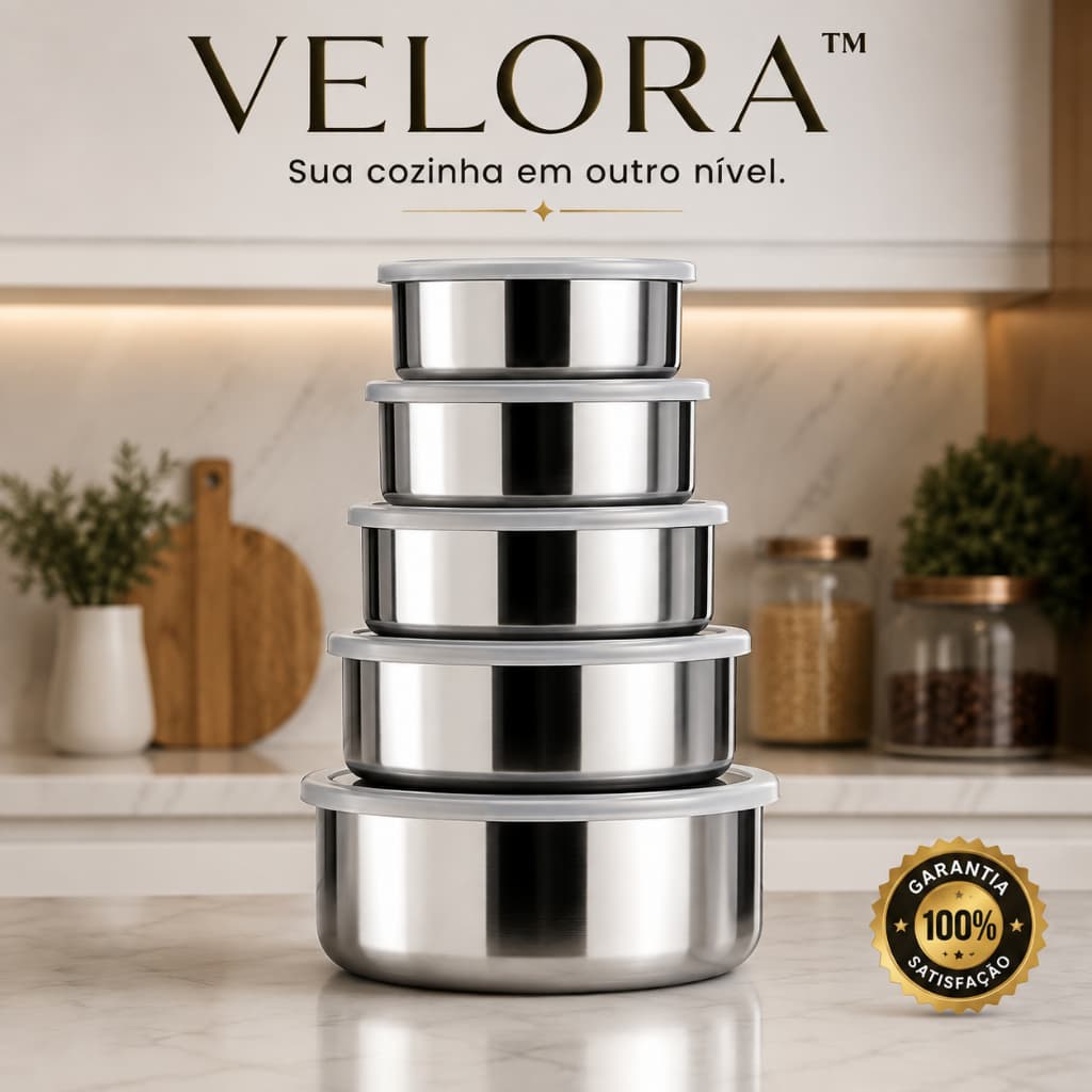 Kit 5 Potes Herméticos Inox com Tampa e Vedação para Armazenamento e Organização de Alimentos