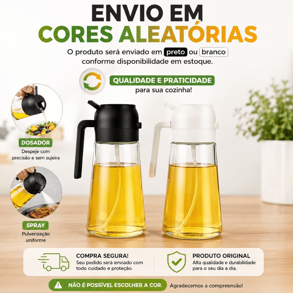 Galheteiro Dispenser 2 em 1 Vidro 470ml Pulverizador Óleo Azeite Vinagre Cozinha Air Fryer Churrasco