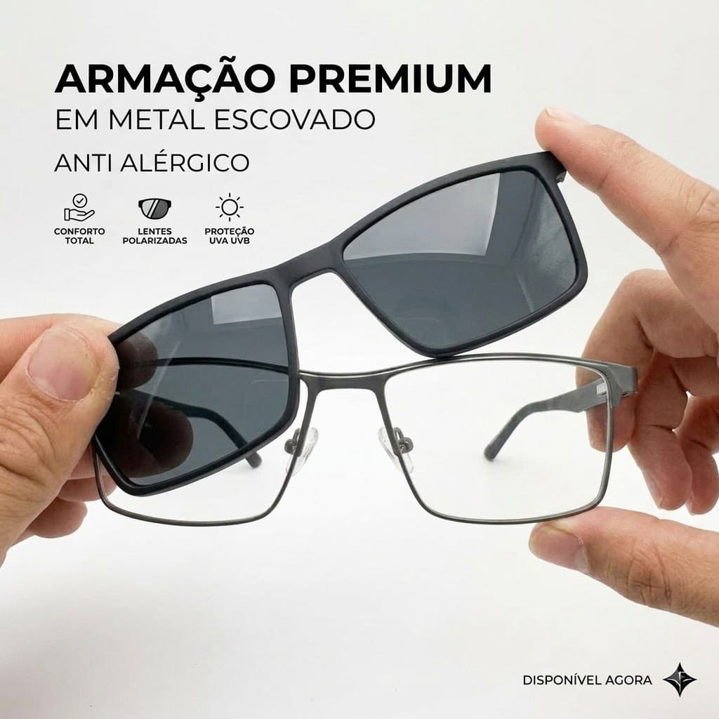 Armação de Óculos Clipon 2 EM 1 Metal Aço Escovado Masculina Lente Polarizado Modelo Sport Metalico