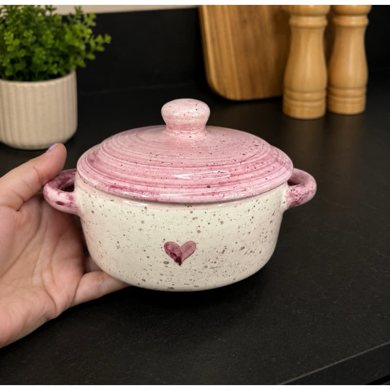 Mini Caçarola Panelinha Com Tampa Decorado Rosa Coração Em Cerâmica