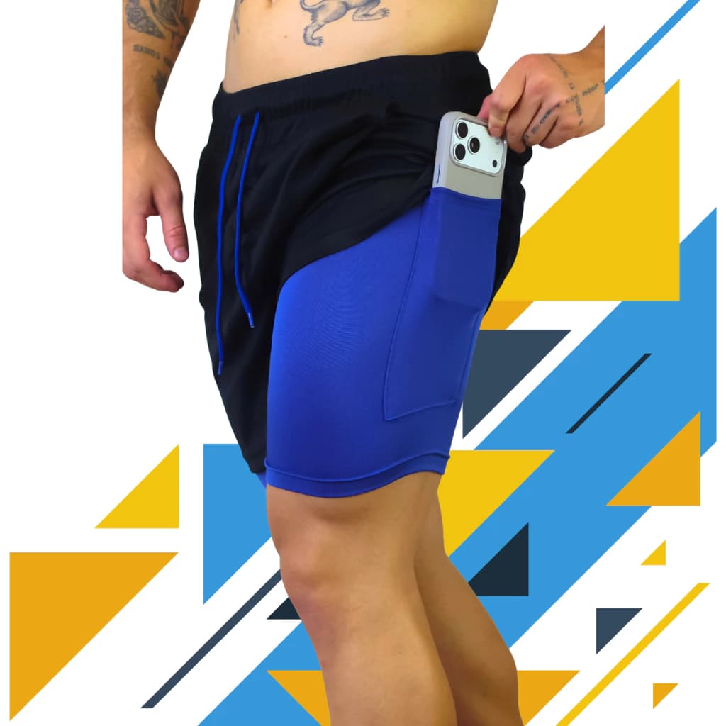 Bermuda Masculina Academia 2 em 1 com Bolso Celular | Forro Interno Compressão | Fitness Corrida Treino