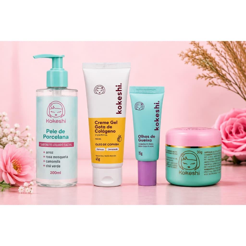 Kit Skincare Kokeshi ou Produtos Individuais | Sabonete Facial | Creme Gel Colágeno | Creme Área dos Olhos | Hidratante