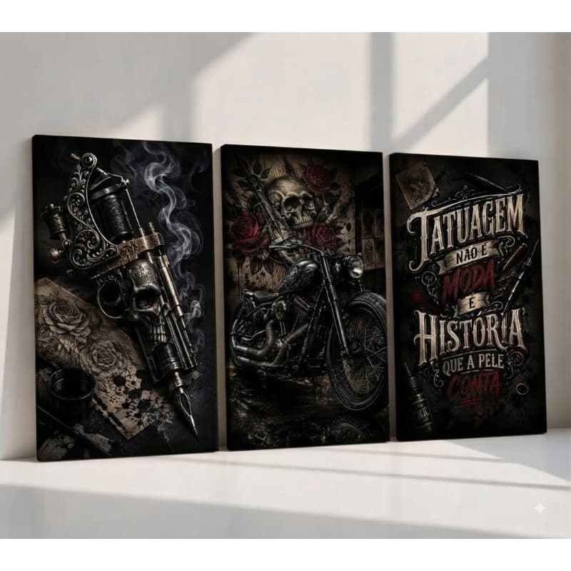 Quadros Tattoo Decorativos Tatuagem Moto Caveira Frase Barbearia Oficina Estilo Rock Sem Moldura