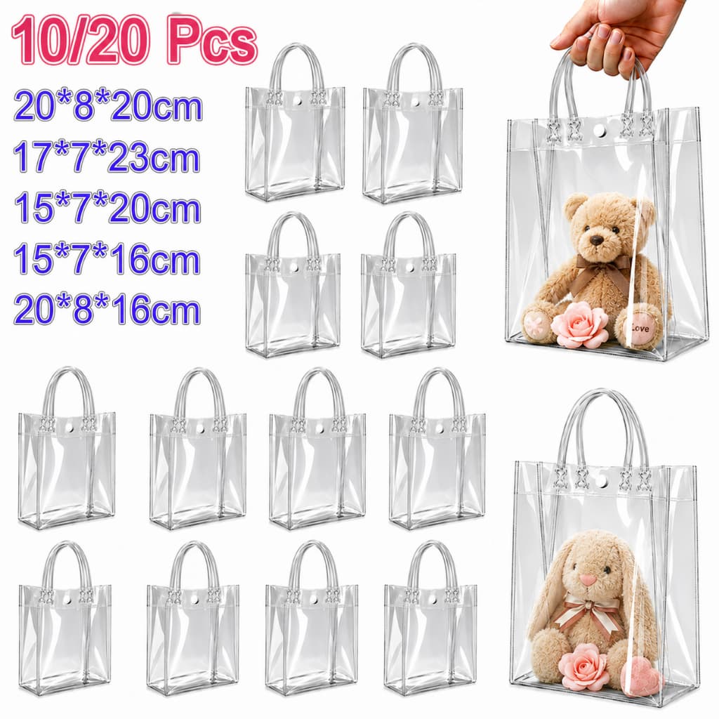 10/20 Sacos de Presente de PVC Transparente com Alças Sacolas Plásticas Reutilizáveis para Presentes e Festas