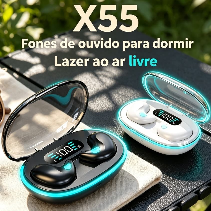 X55 Fones Intra-auriculares Ocultos para Sono e Lazer Externo, Silicone Flexível, À Prova d'Água, Redução Ativa de Ruído