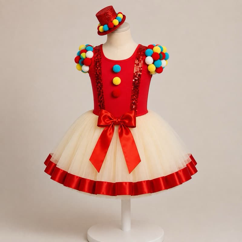 Fantasia Palhacinha Infantil Menina Circo Vermelha Saia de Tule Tutu com Pompom Carnaval Aniversário