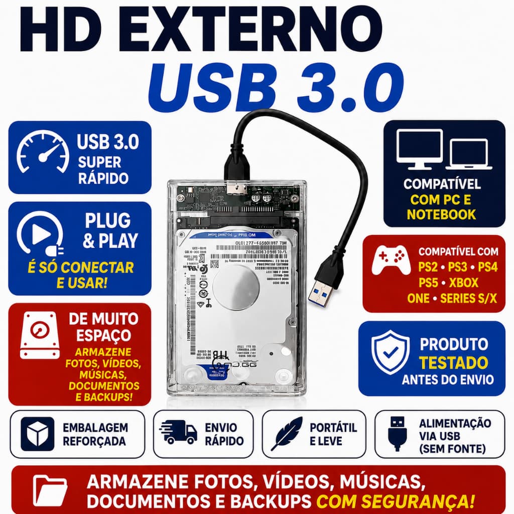 Hd Externo Portátil 1TB ou 500gb / Usb 3.0 Case Transparente ps2 ps3 ps4 ps5 xbox xone series s series x pc notebook