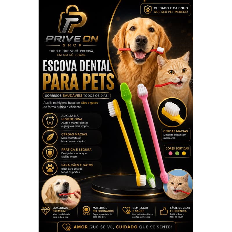Kit com 3 Escovas de Dentes Duplas para Cachorro e Gato Cerdas Macias