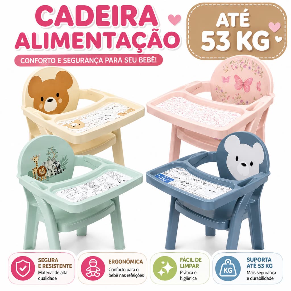 Cadeira Poltrona de Alimentação Infantil com Bandeja para Colorir Bebê até 53kg Rosa Verde Bege
