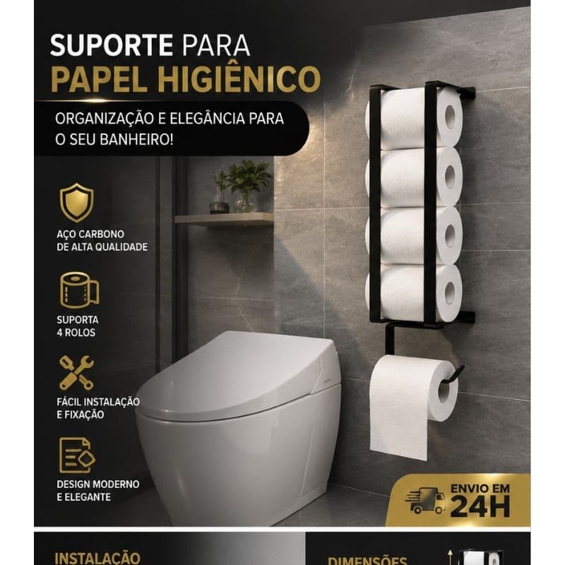 Suporte Para Papel Higiênico 4 Rolos Parede Organizador Banheiro Preto em Aço Carbono