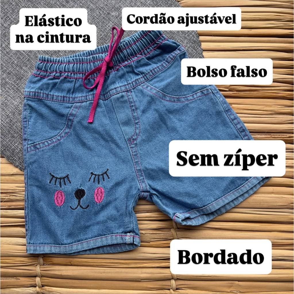 Short Bermuda Jeans Claro Infantil 2, 4, 6, 8 anos Feminino Menina Bordado Gatinha Cós Elástico
