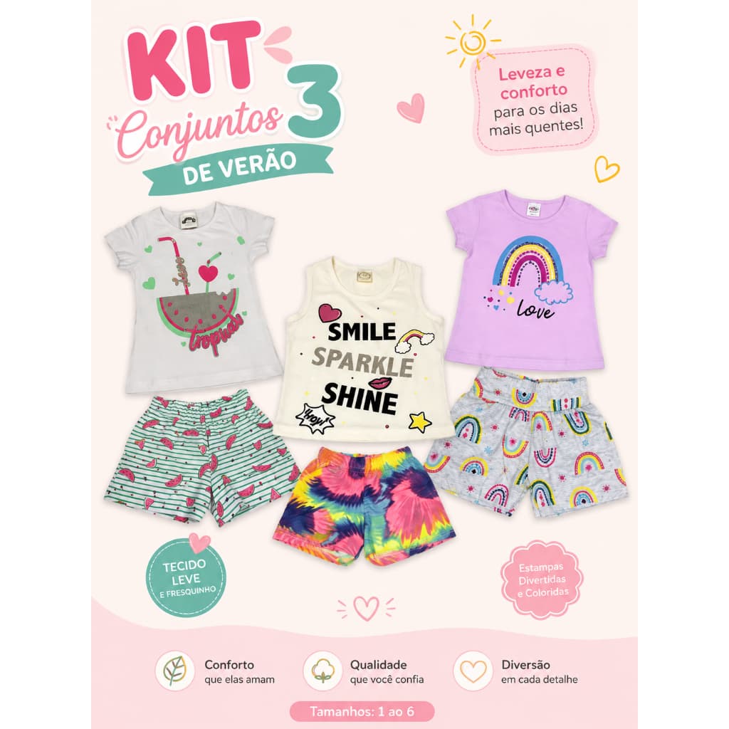Kit 3 Conjuntos Infantis Femininos de Verão Sortidos Tamanho 1 Ano ( 7 a 12 meses )