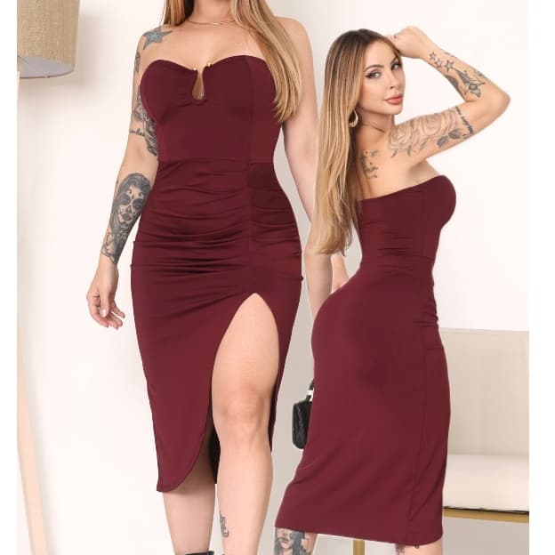 Vestido Midi Feminino Tomara Que Caia com Bojo e Fenda | Vestido Justo Tubinho Feminino | Moda Festa, Casual