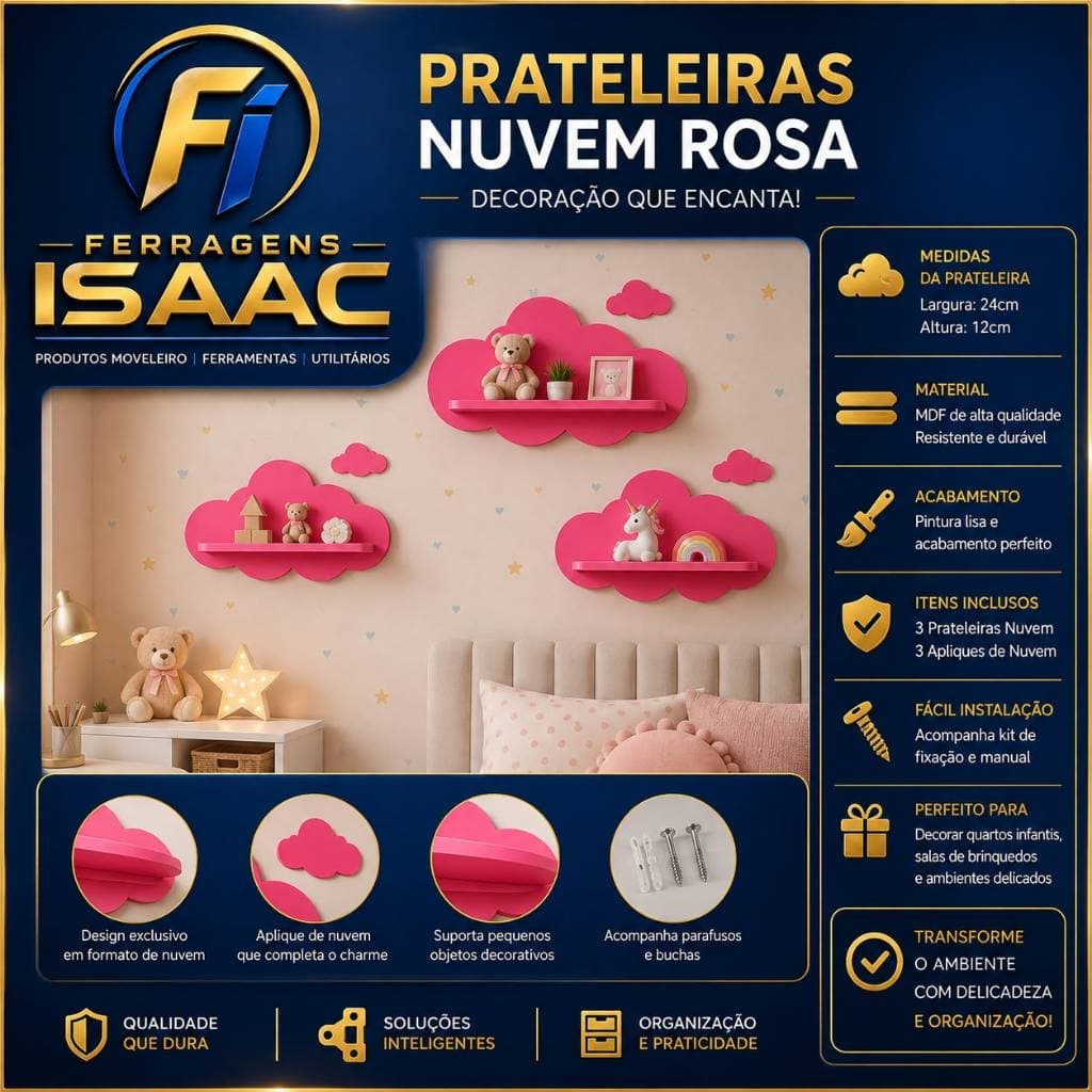 Kit 3 Prateleira de decoração Nuvem Rosa ou Azul Bebe para Quarto ou Sala