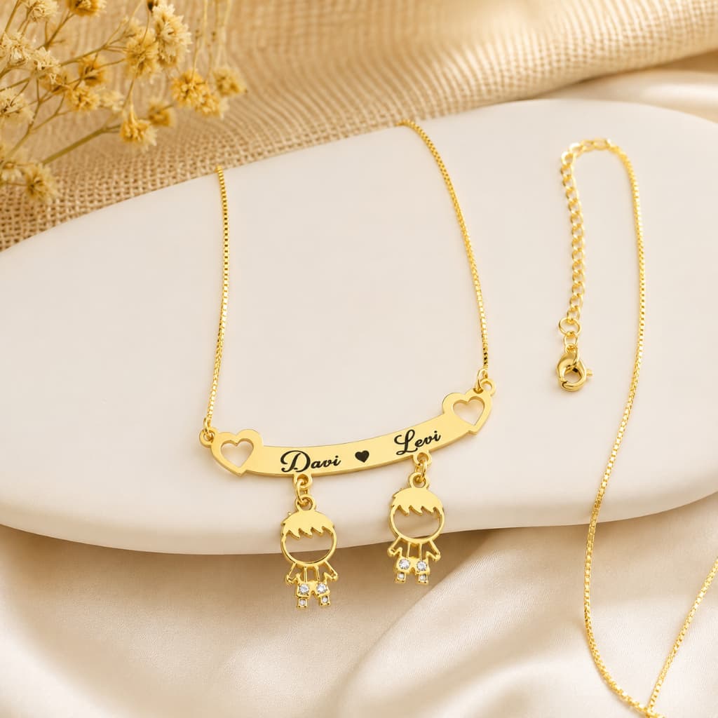 Colar de Filhos Canga Personalizado com Zircônia Corrente Elo Português Ouro 18K – Noah Joias