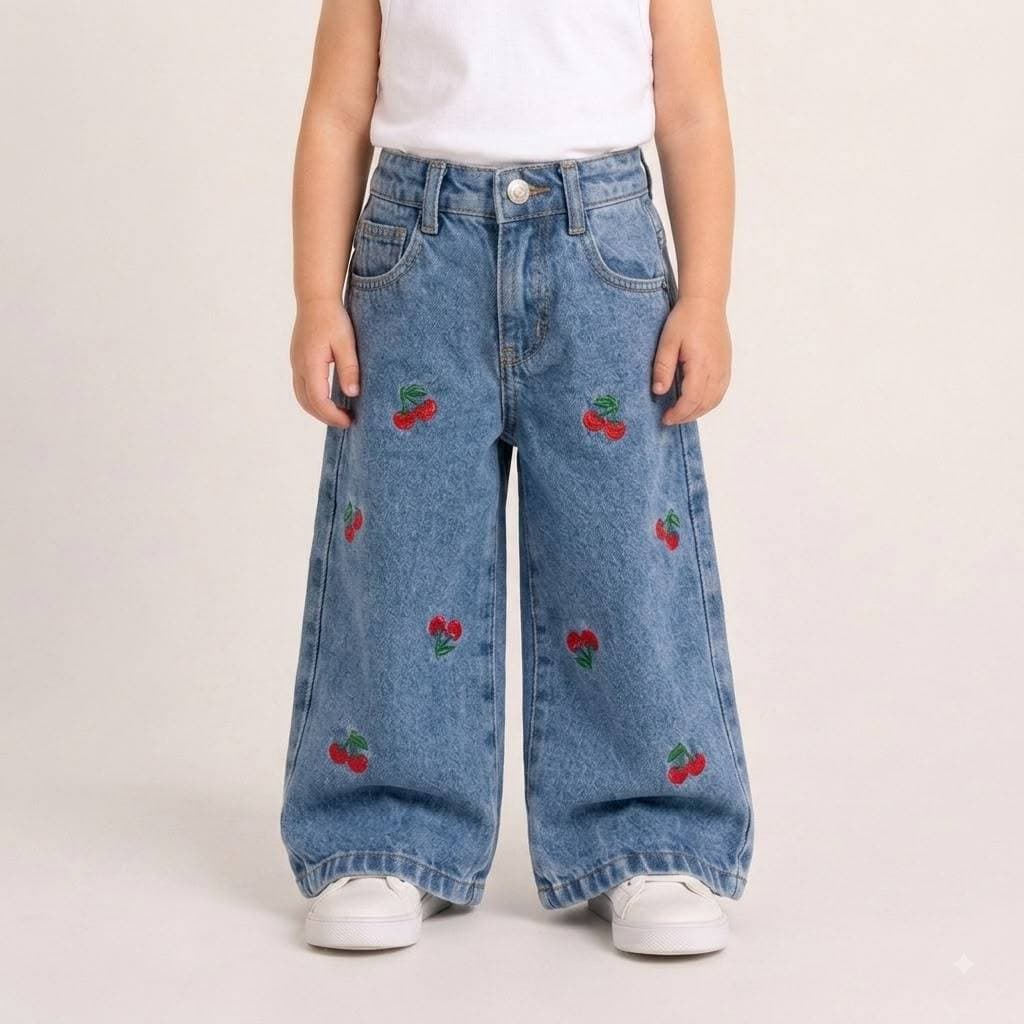 Calça Jeans Wide Leg Infantil Menina Bordado Cereja 100% Algodão Com Regulador De 1 a 3 Anos