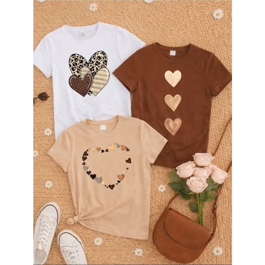 Kit Conjunto de 3 Blusas Femininas 100% Algodão Confortáveis, Macias, Estampa de Coração, Casuais e Modernas, P M G GG