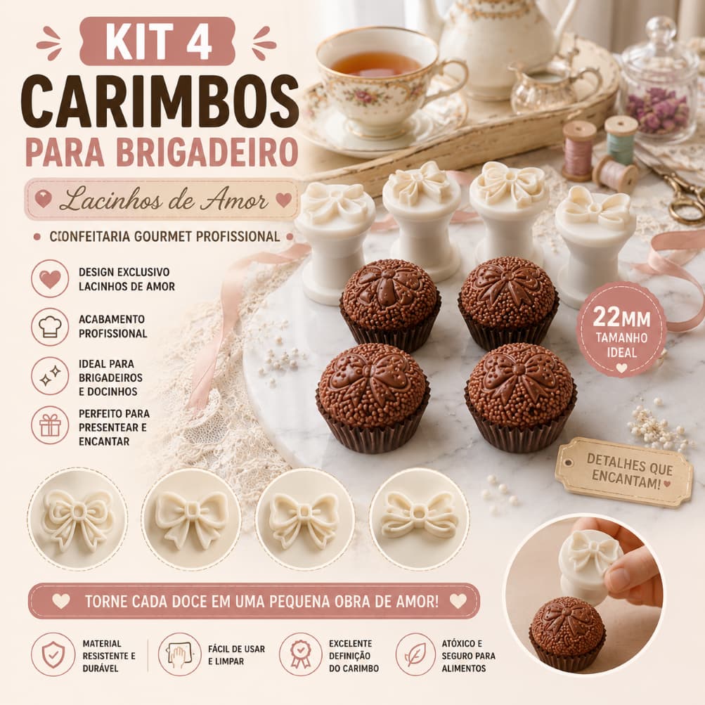 Kit 4 Carimbos Para Brigadeiro Lacinhos De Amor 22mm - Confeitaria Gourmet Profissional