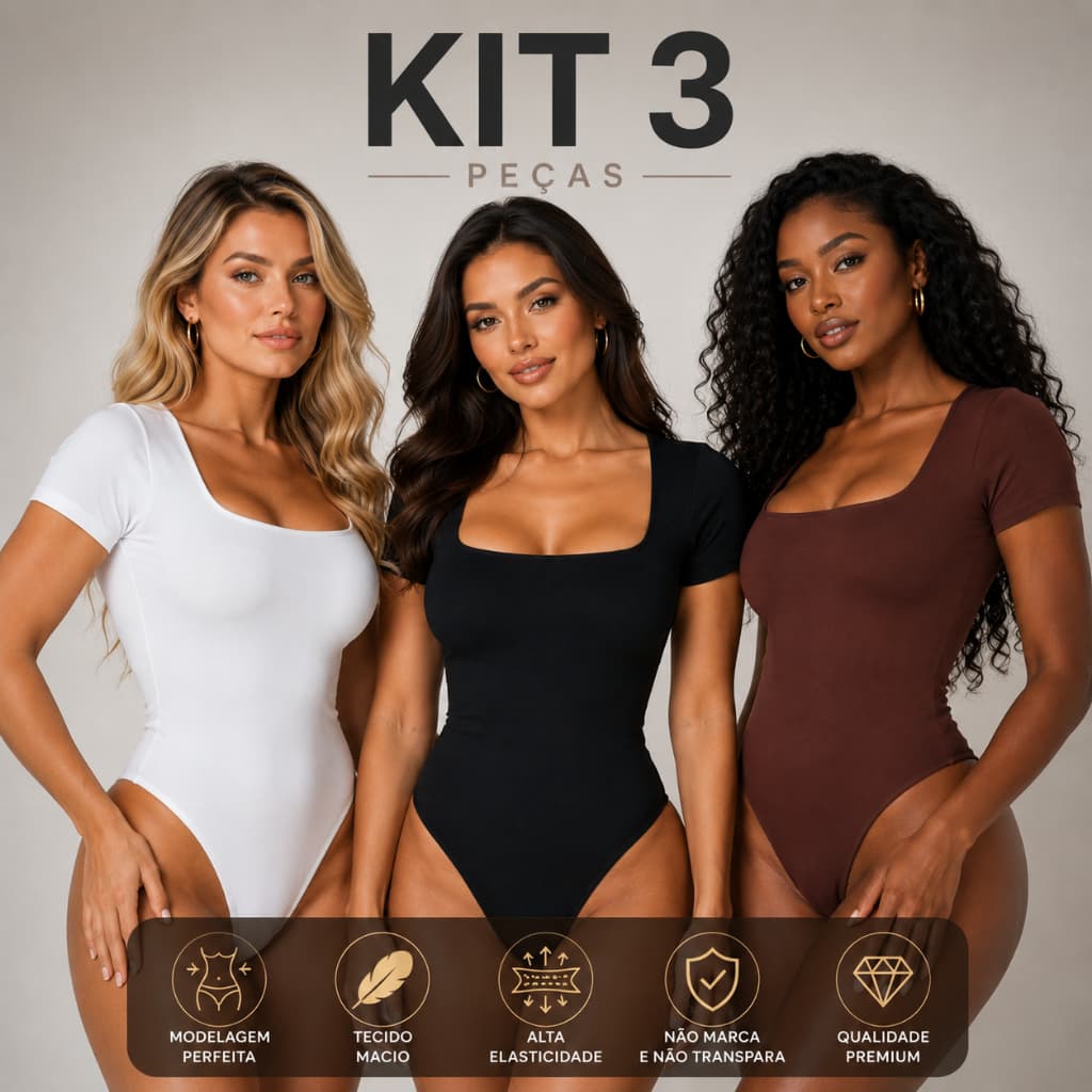 KIT 3 Body Feminino Suplex Premium Decote Quadrado Manga Curta Blusinha Básica Verão Modelador