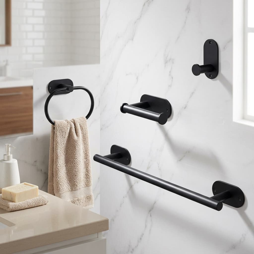 Kit Acessórios Para Banheiro Completo 4 Peças Inox 60cm Toalheiro De Banheiro Preto