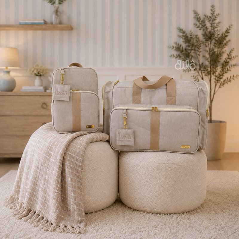 Kit Bolsa Maternidade Bebê Premium 3 Peças Bege Personalizado com Nome – Kit Lumière Dilô Kids.