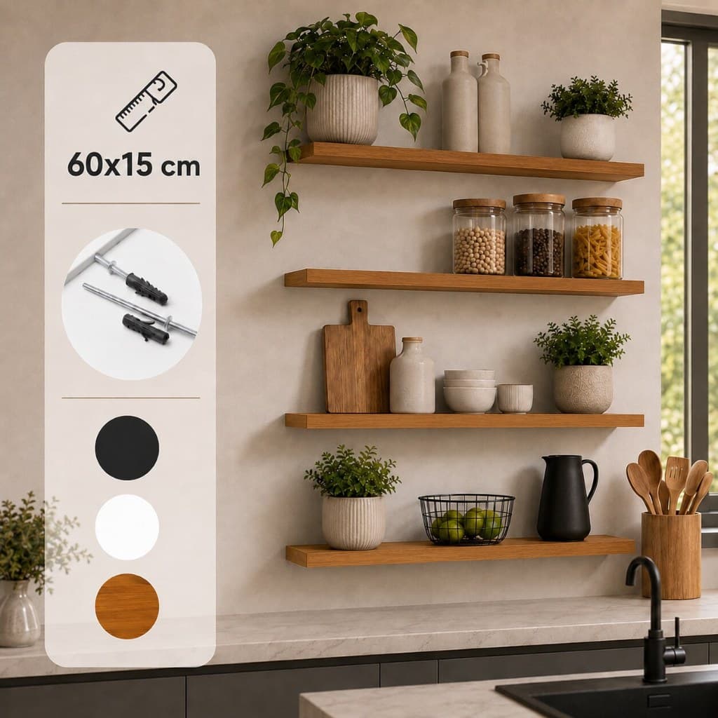 Kit 2 3 4 Prateleiras Flutuantes MDF 60x15 Suporte Invisível Nicho Decorativo Sala Quarto Cozinha Escritório Livros