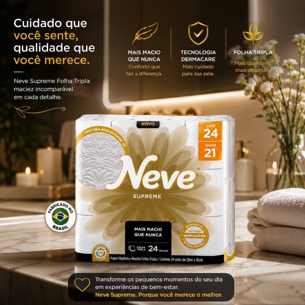 Papel Higiênico Neve Supreme Folha Tripla  24 Rolos de 20m de Conforto Qualidade e Grande Economia
