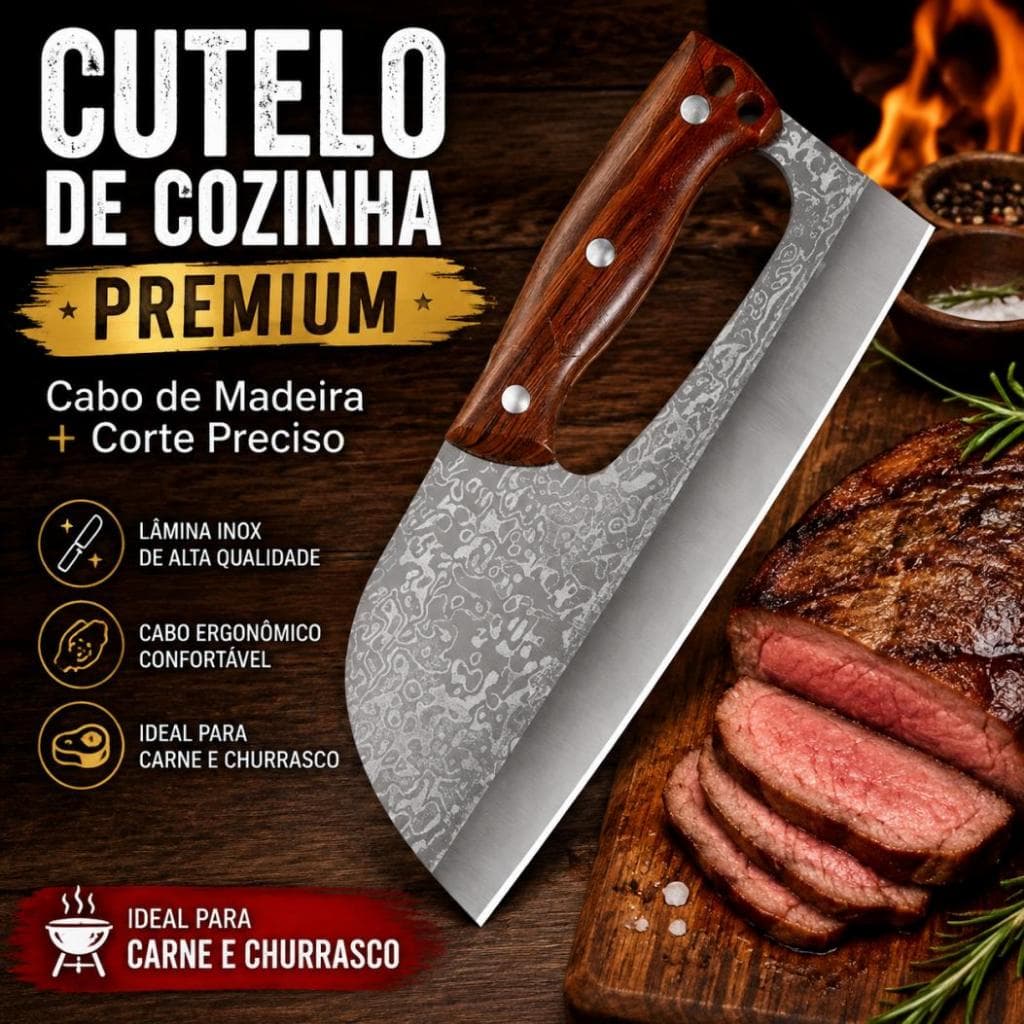 Cutelo de Cozinha Inox Cabo de Madeira para Carne e Churrasco Faca do Chef Profissional