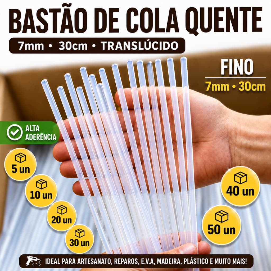 Kit 5/10/20/30/40/50 Bastão Cola Quente Fino 7mm 30cm Translúcido Refil para Pistola Artesanato DIY