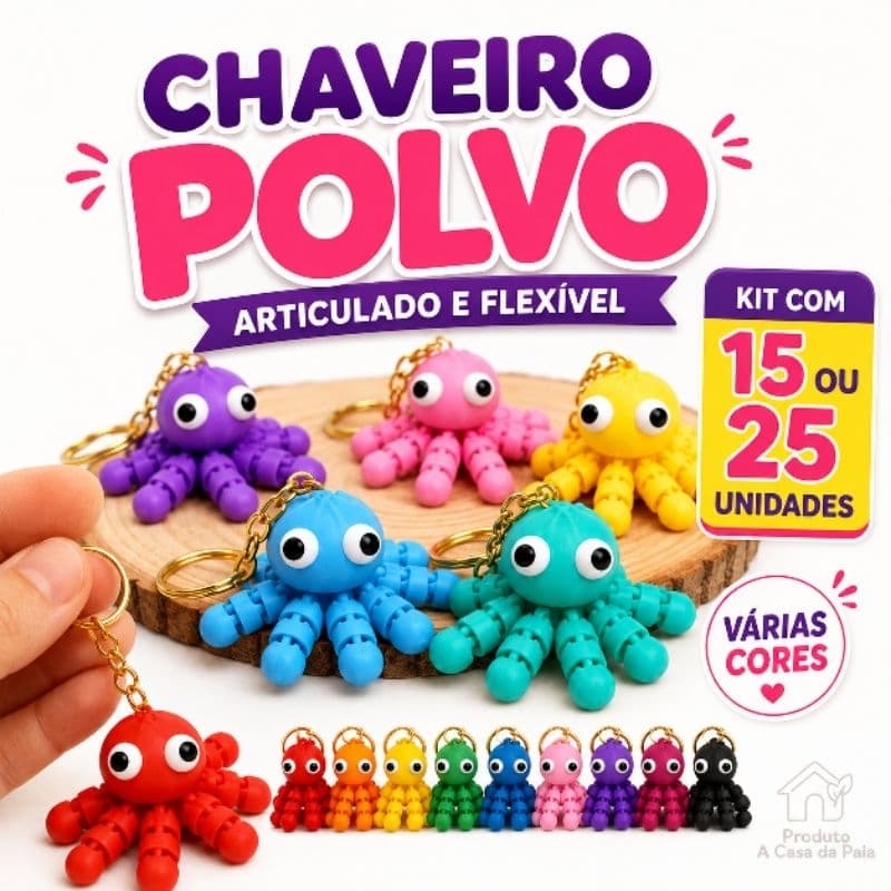 Atacado - Kit festa 15 ou 25 chaveiro dourado polvo articulado | atacado | lembrancinha | brinde | revenda