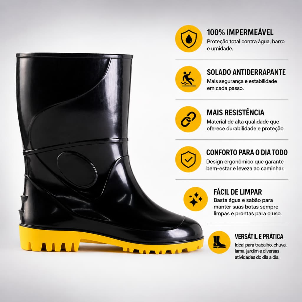 Bota Galocha PVC Cano Médio Impermeavel Açougue Cozinha Restaurantes Hotel Industrial Abatedouros Motociclista  Pescaria