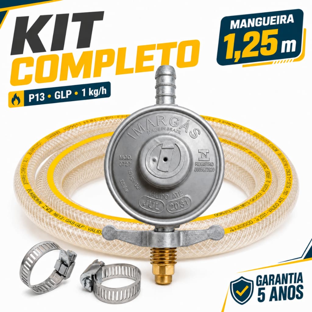 Regulador Registro Gás Com Mangueira para Butijão Kit com Abraçadeira 0,80 M e 1,25 M Imar