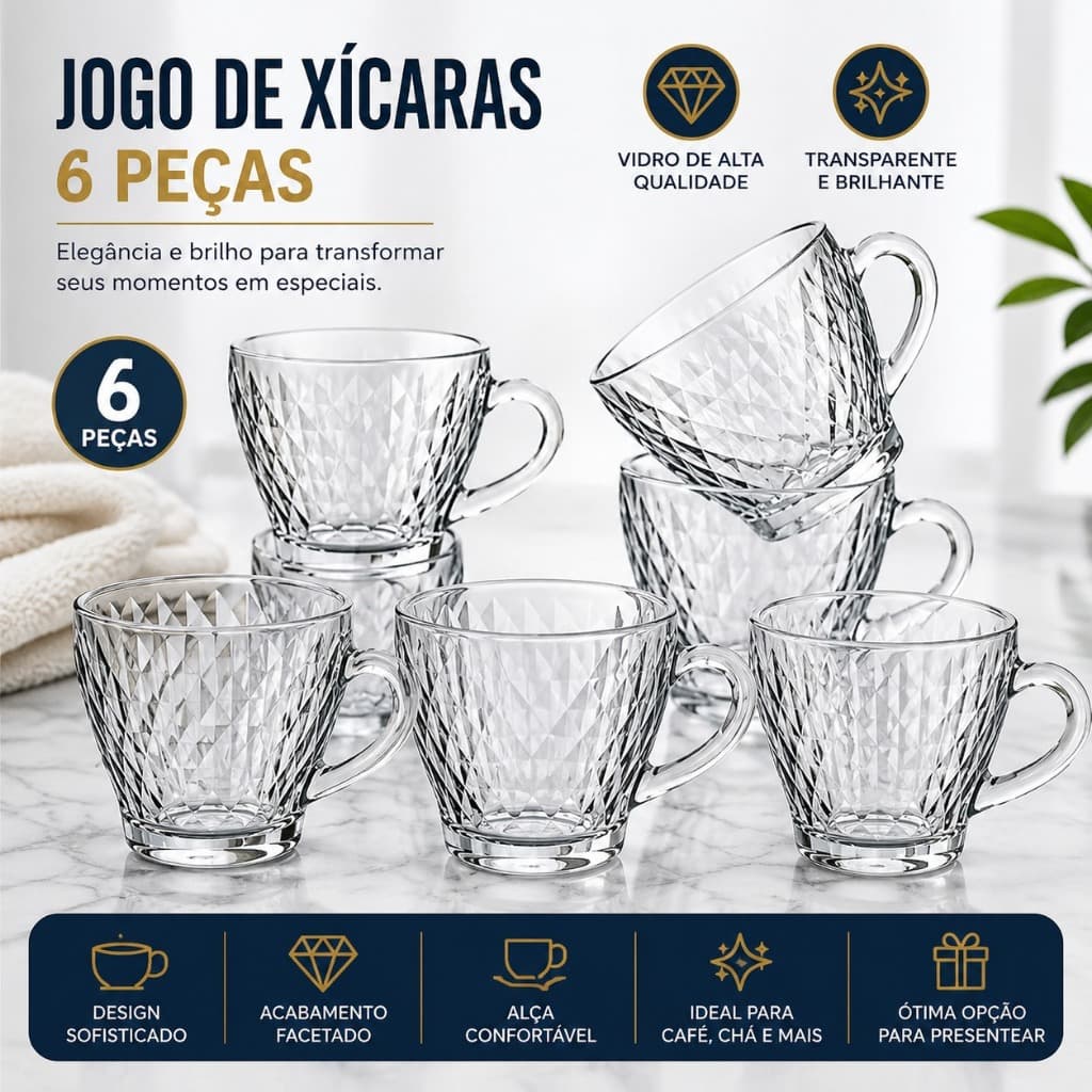 Jogo 6 Xícaras Café Espresso 90ml Vidro Grosso Morocco Diamante Mesa Posta Luxo