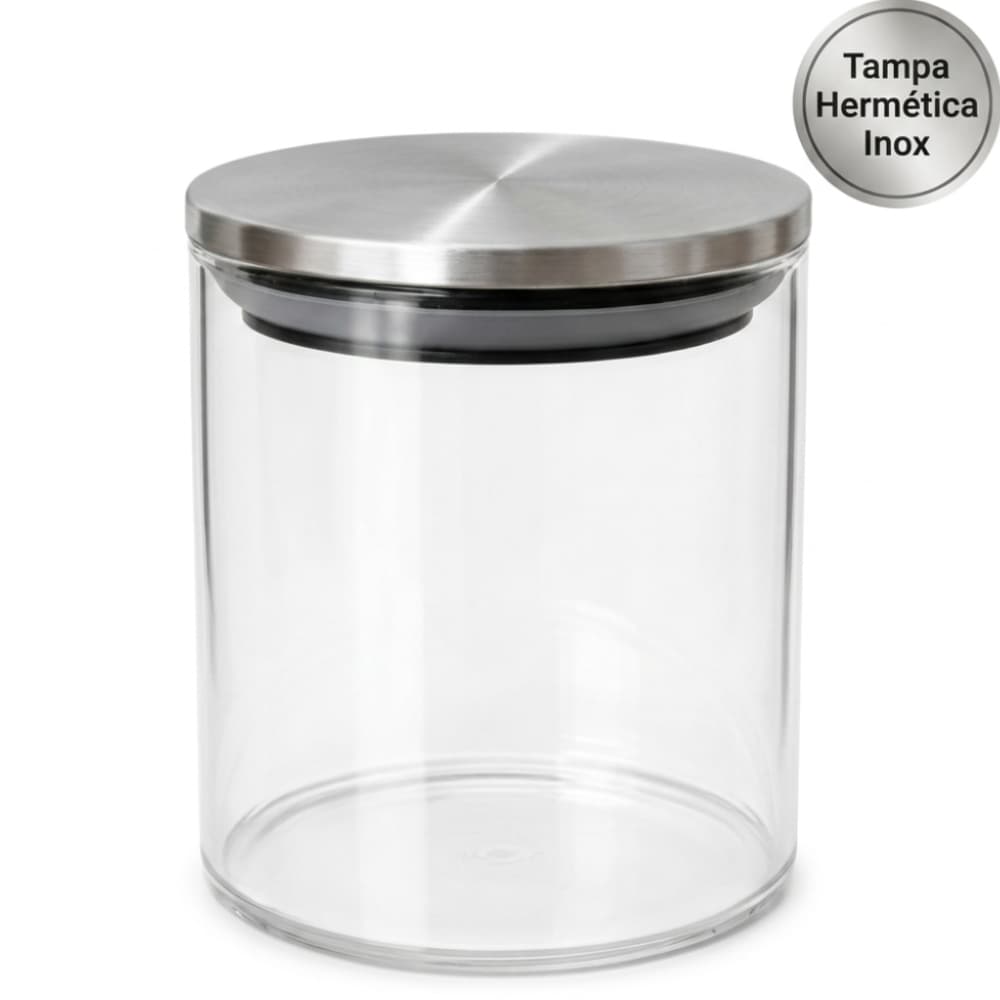Pote Hermético Redondo 700ml Vidro Borossilicato Tampa de Inox Organizador de Mantimentos Alimentos Café Açúcar Cozinha