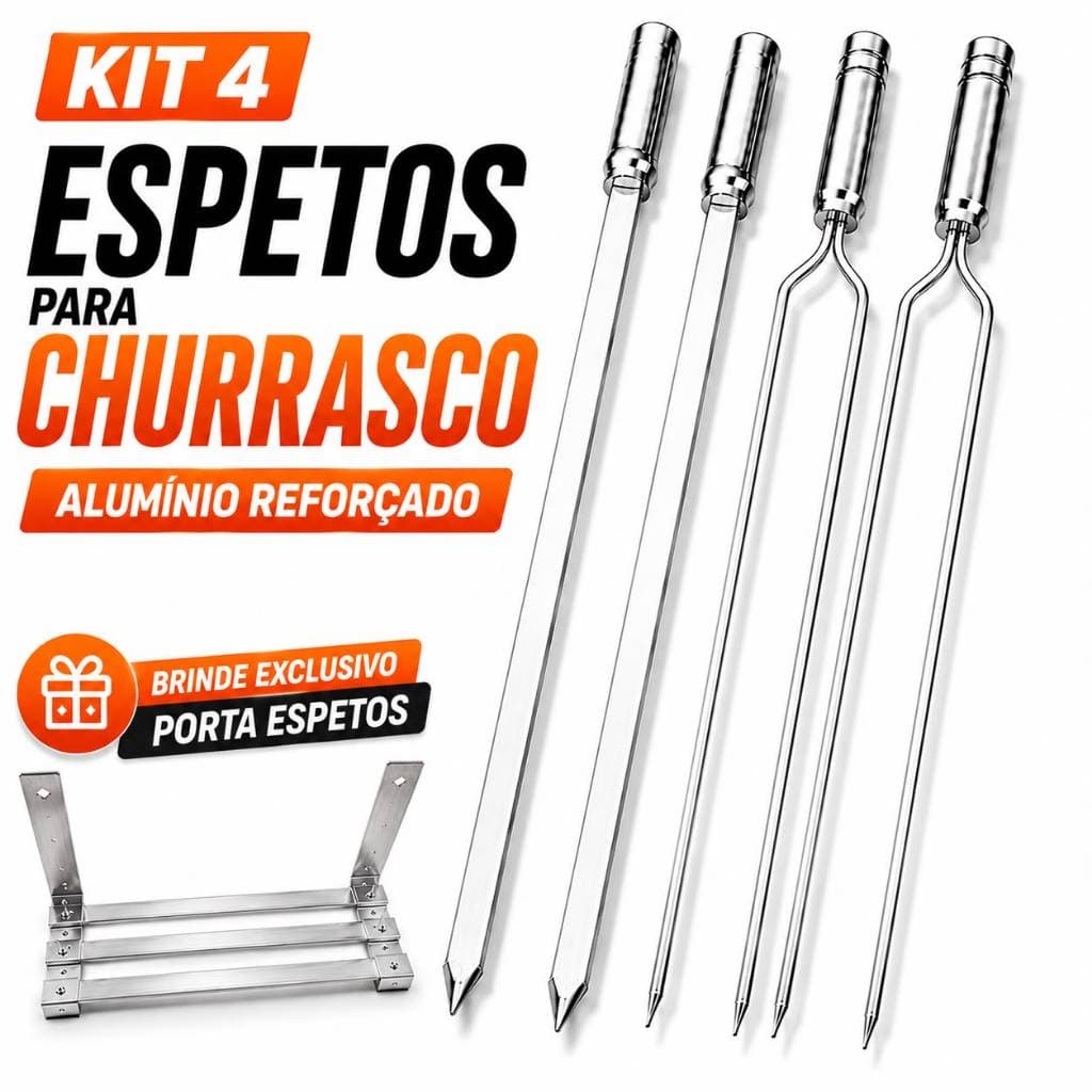 Kit 4 Espetos para Churrasco Alumínio Reforçado + Porta Espetos para Carne e Grelha Barbecue Premium